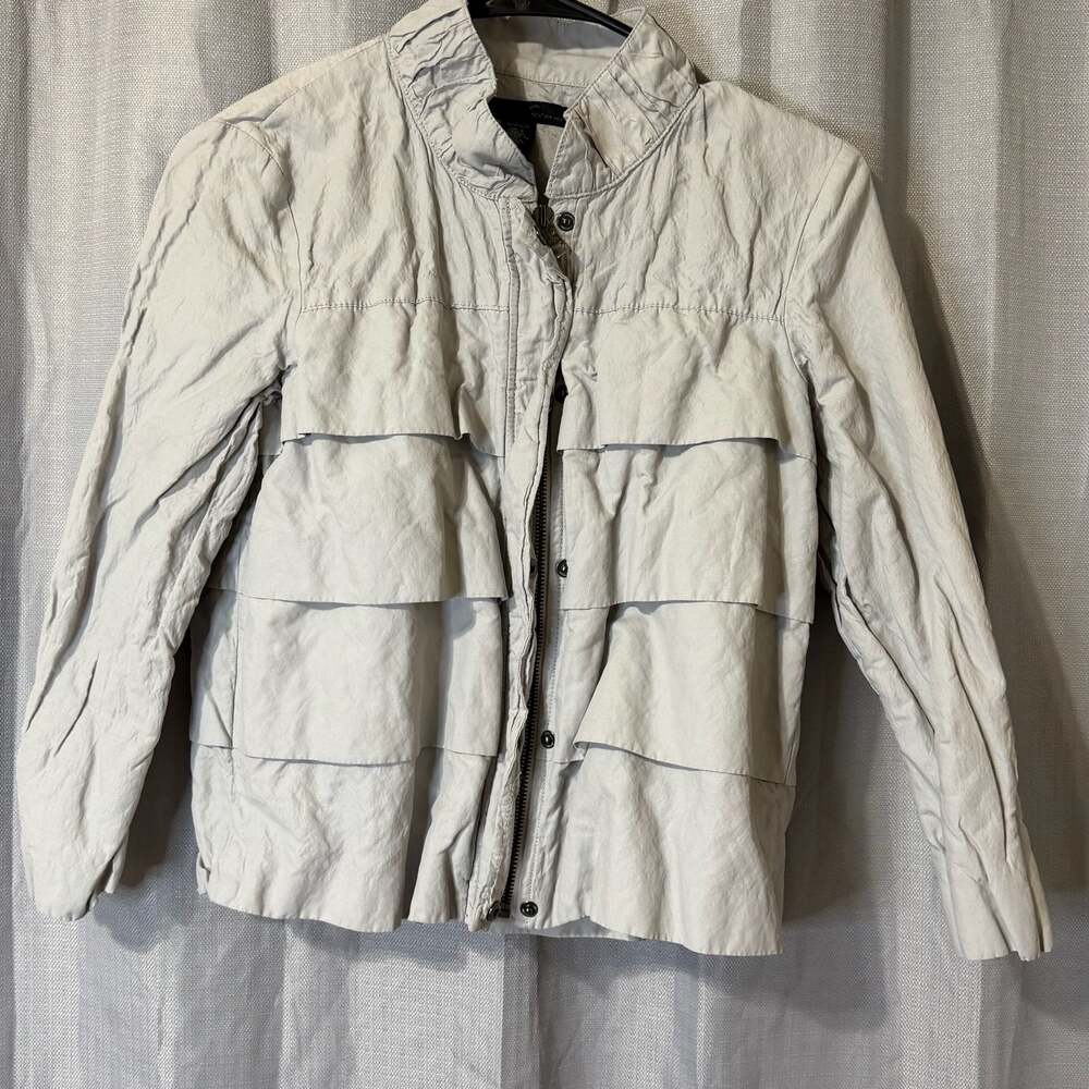 Kenneth Cole New York Light Gray Crinkled Tiered Ruffle Full Zip Jacket